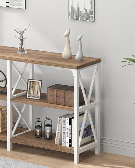 IBF Farmhouse Entryway Table, Wood TV Console Table, Rustic Metal Sofa Table, Industrial Hallway Tables with Storage Shelves, Modern Foyer Tables for Front Entry Way, White and Rustic Oak, 47 Inch