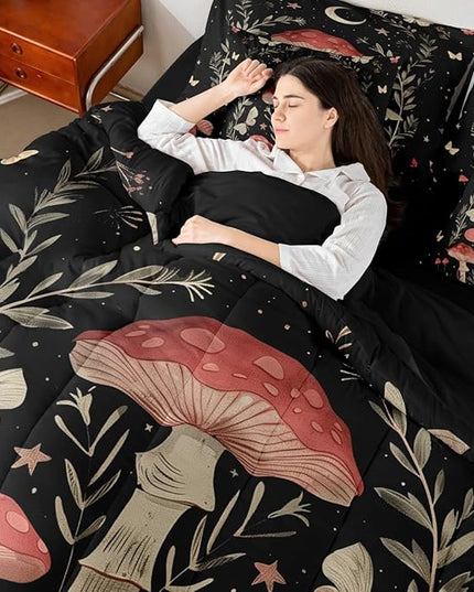 Feelyou Mushroom 7 Piece Bedding Set Queen Size Wild Fungus Comforter Set with Sheets for Kids Adult Botanical Plants Bed in a Bag Butterfly Bed Set