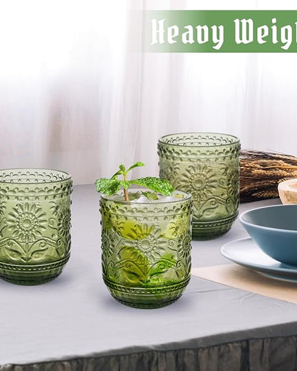 Glass Cups, Vintage Glassware Drinking Glass Set of 4, 12oz Colored Glassware with Sunflower Design, Embossed Floral Decorative Glasses Drinking Set for Beverage, Vintage Drinking Glasses (Green)