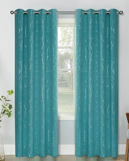 BUHUA White Black Out Curtains 84 Inch Long 2 Panels, Soundproof Curtains with Elegant Silver Tree Branches Print, Heat Blocking Curtains for Livingroom, 52W x 84L, Teal Blue