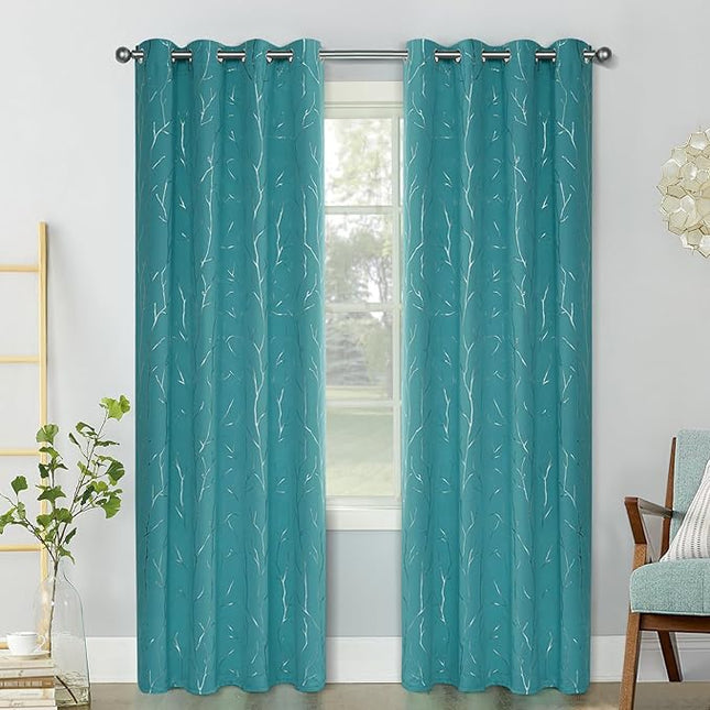 BUHUA White Black Out Curtains 84 Inch Long 2 Panels, Soundproof Curtains with Elegant Silver Tree Branches Print, Heat Blocking Curtains for Livingroom, 52W x 84L, Teal Blue