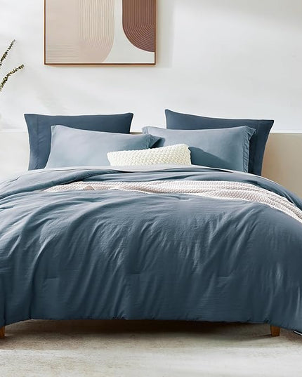 WRENSONGE King Size Comforter Set- 7 Pieces Soft Oxford Blue Bed in a Bag King with Fitted Sheet, Flat Sheet, 2 Pillow Shams, and 2 Pillowcases-Warm King Bedding Set for All Season