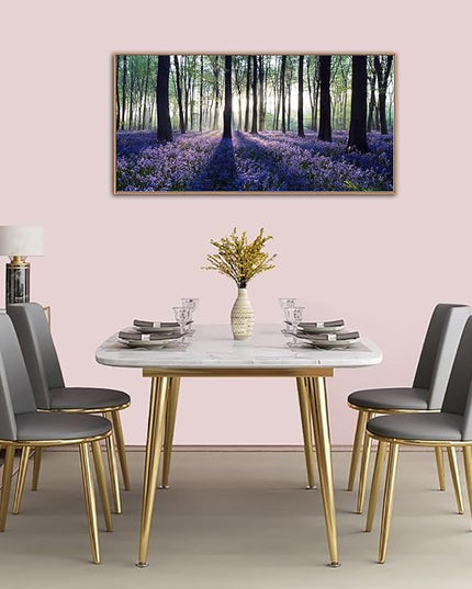 yearainn Framed Lavender Forest Wall Art – Purple Lavender Field with Sunlight through Trees Canvas Picture, Nature Landscape Painting Artwork for Home Wall Decor, Natural Wood Frame, 24" x 48"