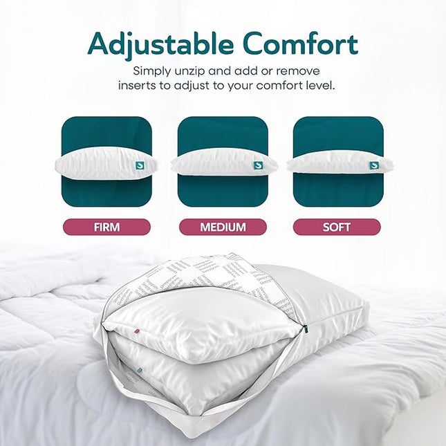 Sleepgram 2-Pack Cooling Bed Pillows & Removable Cover for Sleeping Sets, Queen Size - Adjustable and Washable Bedding Pillow Set for Comfortable Sleep
