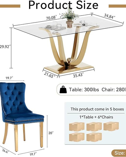 70" Modern Gold Glass Dining Table Set for 6, 7-Piece Rectangle Kitchen Dining Room Table Set with Steel Base & 6 Blue Velvet Upholstered Chairs, Modern Glass Kitchen Table and Chairs Set of 6
