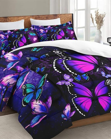 Full Size Comforter Set with 2 Pillowcases, Summer Tropical Purple Butterfly 3 Pcs Bedding for Kids and Adults, Vintage Spring Galaxy Space Soft Comforter Set for Bedroom Bed Decor