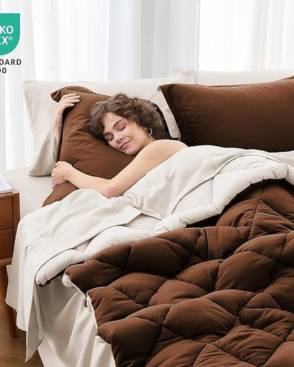 MUXHOMO 7 Pieces King Comforter Set, Reversible Bed in a Bag King Size, All Season Bedding Set with Comforter, Flat Sheet, Fitted Sheet, Pillowcases & Shams, Brown & Khaki