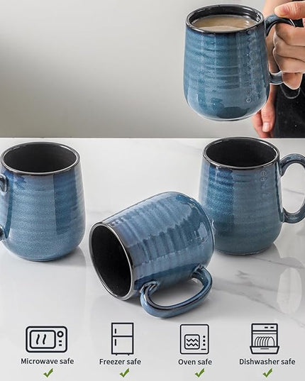 HASENSE Coffee Mugs Set of 4, 12 Ounce Ceramic Coffee Cups with Handle, Large Mug Set for Latte, Tea, Chocolate, Modern Cup Gift for Men and women, Dishwasher & Microwave Safe(Blue)