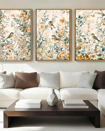 ANHUIB Large Neutral Floral Wall Art 16x24 Inch Beige Botanical Wall Decor Bird Painting Set of 3 for Living Room Bedroom Barhroom