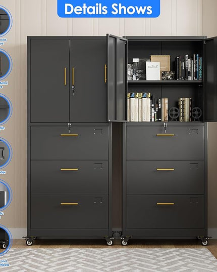 METAN Metal File Cabinet with 3 Drawers and 1 Shelves,Office Filing Cabinet on Wheels with Lock,Office Storage for Letter/Legal Size,Assembly Required,Black