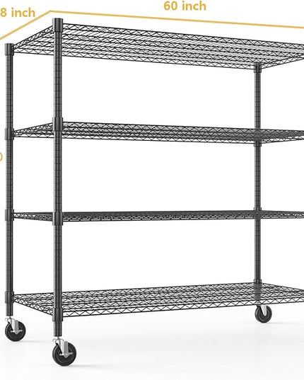 Himimi Storage Shelves with Wheels, 4-Tier Heavy Duty Steel Wire Rack Storage Shelving, Adjustable Metal Storage Shelves for Garage Kitchen Pantry Bathroom Laundry 18" D*60" W*72" H, Black