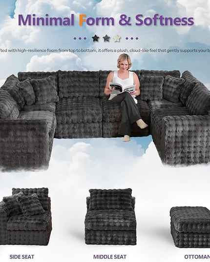 TYBOATLE 135’’ Boneless Slow-Rebound Memory Foam Couch, Cloud Sectional Couches for Living Room w/Upgraded Fabric, Deep Seat Comfy Fluffy U Shaped Modular Sectional Sofa w/Chaise (Grey, 6U)
