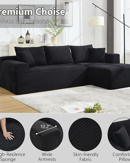 PELUMY 108.7" L-Shaped Modular Sectional Sofa with Oversized Chaise, Cloud Couch with Memory Foam, No Assembly Required Sleeper Sofa for Small Space Living Room, Apartment (Black, Corduroy)