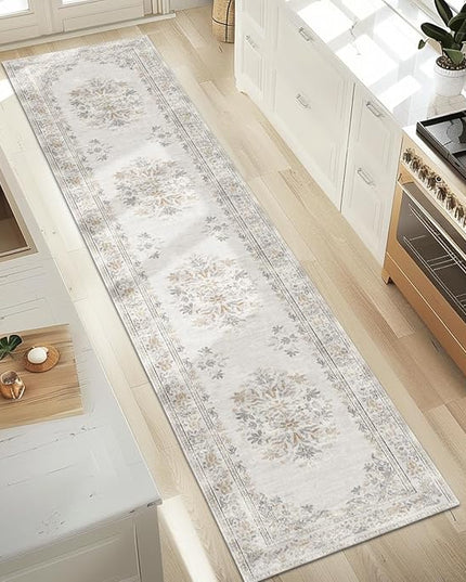 jinchan Hallway Runner Rug 2x10 Vintage Floral Distressed Design - Machine Washable Non-Slip Low-Pile Soft Thin Faux Wool Kitchen Carpet for Farmhouse Bedroom Laundry Room(2x10ft, Light Grey)