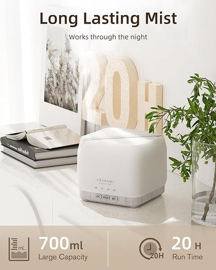 ASAKUKI 700 ml Premium Essential Oil Diffuser, 5 in 1 Ultrasonic Aromatherapy Fragrant Oil Vaporizer Humidifier, Timer and Auto-Off Safety Switch, 7 LED Light Colors