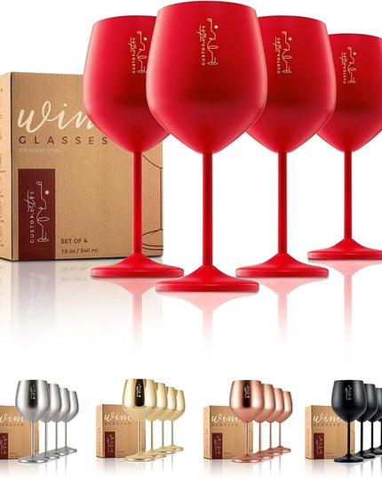 Gusto Nostro Stainless Steel Wine Glass - 18 oz - Cute, Red Unbreakable Wine Glasses for Travel, Camping and Pool - Fancy, Unique, Cool Portable Metal Wine Glass for Outdoor Events, Picnics (Set of 4)