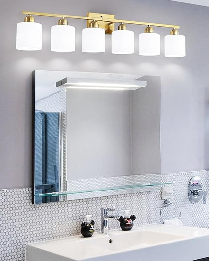 6 Light Gold Bathroom Vanity Light for Large Mirror, Gold Vanity Lights for Bathroom with Milky White Frosted Glass Shades, 38 inch Wall Lamp for Mirrors Living Room E26 Base