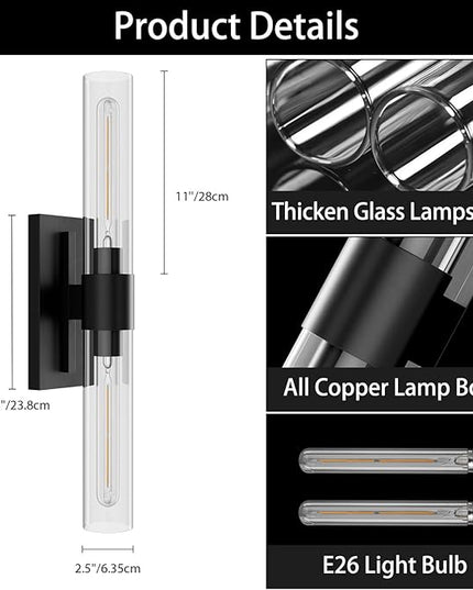YUYI Black Wall Sconce, 22.8'' Wall Light for Bathroom Vanity, Modern Wall Lighting Fixture with Clear Glass Shade, Indoor Wall Sconce for Bathroom Vanity, Bedroom, Living Room, Hallway, Fireplace
