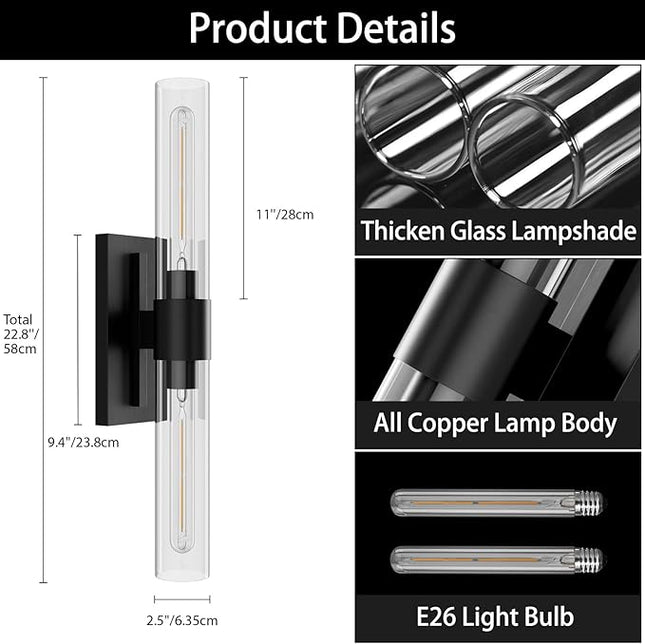 YUYI Black Wall Sconces, 22.8'' Wall Light Set of Two for Bathroom Vanity, Modern Wall Lighting Fixtures with Glass Shade, Indoor Wall Sconces for Bathroom, Bedroom, Living Room, Hallway, Fireplace