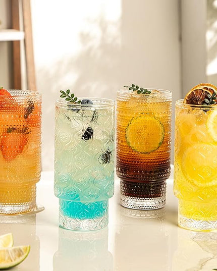 Drinking Glasses Set of 4, 16oz Textured Flower Design Cocktail Glasses, Stackable Old Fashioned Glass Cups, Vintage Glassware for a baby Shower Wedding for Kitchen and Bar - Dishwasher Clear