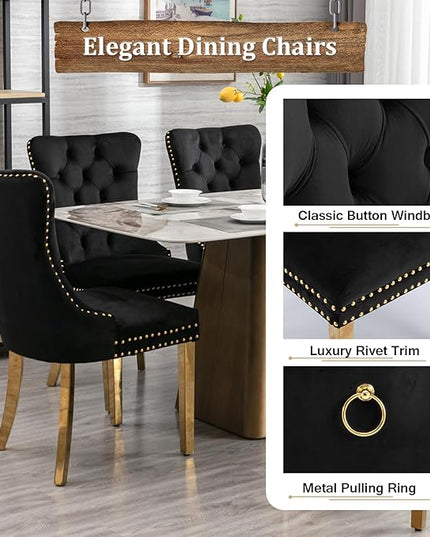 7 Piece Dining Table Set with 6 Black Dining Chairs, Modern Glass Kitchen Table and Chairs Set for 6, 70" Rectangle Gold Glass Pedestal Dining Room Tables with Flash-Shape Stainless Steel Base