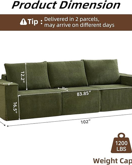 102” Boneless Modular Couch, 3 Seater Cloud Sofa for Living Room, Modern Sectional Sofa with Deep Seat, Comfy Fluffy Loveseat Couch, No Assembly Required, Green