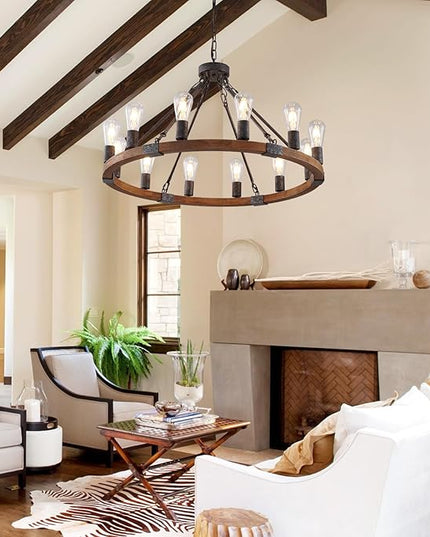 Farmhouse Wagon Wheel Chandelier 31" Black Wooden Chandelier 12-Light Rustic Pendant Light Fixture for Dining Room Living Room Entryway Foyer
