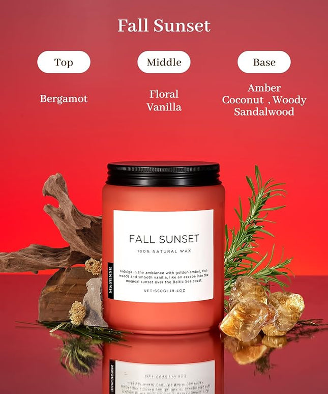M&SENSE Fall Sunset Amber Scented 19.4oz 110 Hours Long Lasting Slow Burning Candle for Housewarming, Large Natural Soy Organic Relaxing Aromatherapy Candle Gifts for Women Men