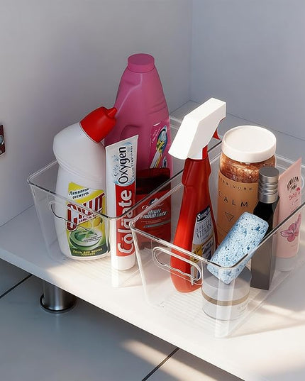 Clear Pantry Organizer Bins, Storage Containers & Plastic Containers with Handle, Cabinet Organizer, Home Organization Must Haves for Kitchen, Laundry Room, Office, Closet & Freezer (6 Pack)