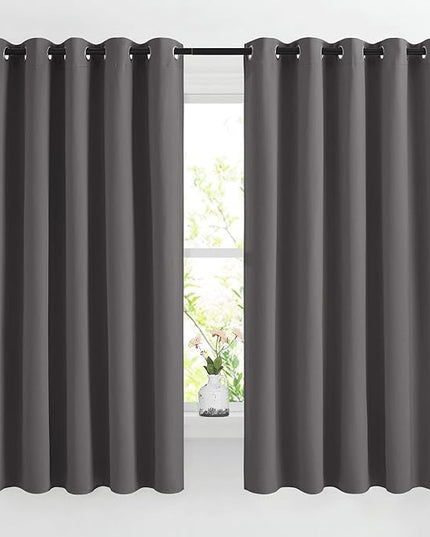 NICETOWN Blackout Curtains Panels for Bedroom - 3 Pass Microfiber Noise Reducing Thermal Insulated Solid Ring Top Blackout Window Drapes (2 Panels, 66 x 66 Inch, Gray)