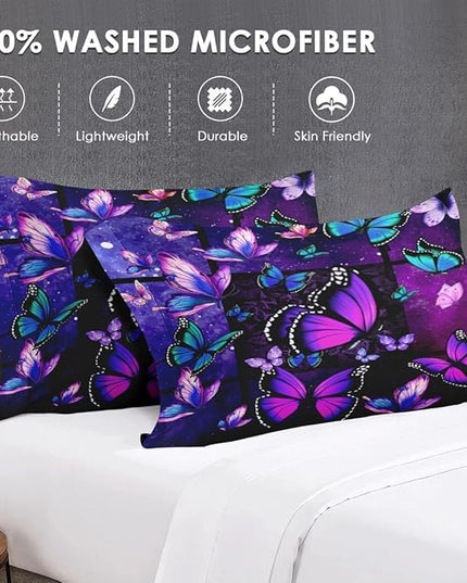 Comforter Set Queen Size with 2 Pillowcases, Summer Tropical Purple Butterfly 3 Pcs Bedding for Kids and Adults, Vintage Spring Galaxy Space Soft Comforter Set for Bedroom Bed Decor