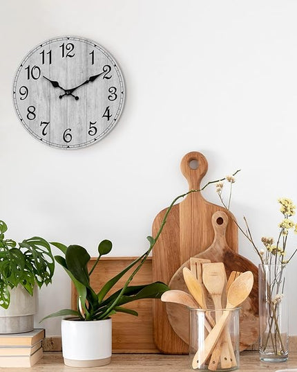 HYLANDA Wall Clock 12 Inch, Grey Wall Clocks Battery Operated Silent Non Ticking, Vintage Rustic Wooden Clocks Decorative for Kitchen Bathroom, Living Room, Bedrooms, Dining Room, Office (12")