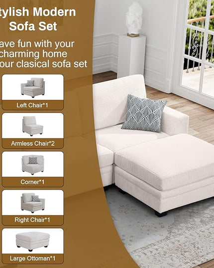 Legend Vansen Oversized Modular Sectional Sofa,6 Seat U Shaped Couch with Ottoman,Corduroy Sofa with Deep Seat,Convertible Large Sectional Couches for Living Room(Cream, L-6)