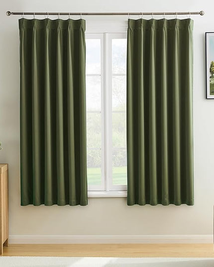 KEQIAOSUOCAI Dark Olive Pinch Pleated Curtains 72 Inches Long for Short Windows, Room Darkening Blackout Curtain Drapes for Bedroom 40 x 72 Inch -2 Panels