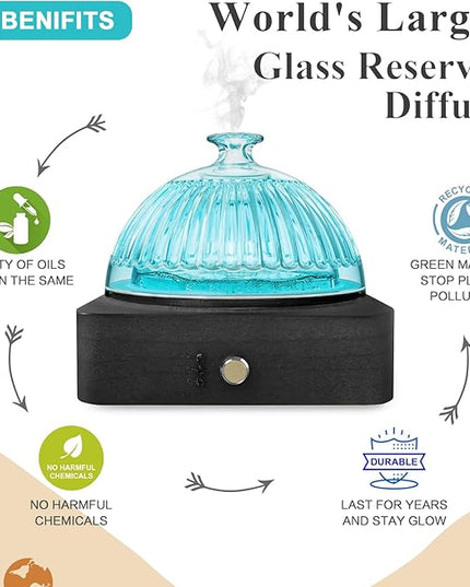 Glass Dome Essential Oil Diffuser with Glass Reservoir & Wood Base-Plastic Free, 200ml Ultrasonic Diffuser for Aromatherapy with Timer 7 Color Light Auto-Off for Home Office Yoga Dark Brown