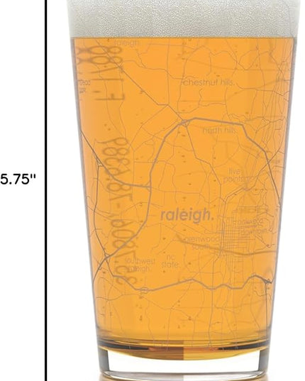 Well Told Engraved Raleigh North Carolina Map Pint Glass, Etched Beer Gift (16 oz, Clear) City Map Pint, Custom City Glassware, Gifts For Beer Lovers
