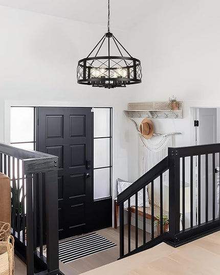 6-Light Black Rustic Drum Chandelier, 22.5” Modern Chandelier for Dining Room, Round Metal Hanging Light Fixture for Foyer, Entryway, Bedroom, Kitchen Island