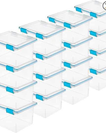 Sterilite 16-Pack Gasket Box, Weather-Resistant Storage Bins with Latching Lids, 32 Quart - Heavy-Duty Organizing Containers for Closet, Bathroom, and Office