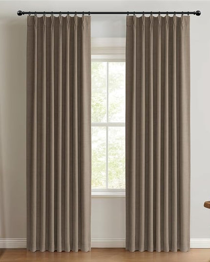 100% Blackout Shield Linen Look Textured Pinch Pleated Curtains Blackout Drapes 90 Inch Long 2 Panels Set, Faux Linen Blackout Curtains for Bedroom & Living Room, 40" W x 90" L, Linen Brown