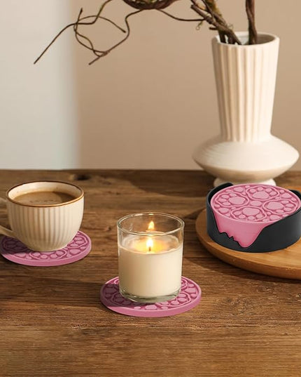 Pink Silicone Coasters Set of 6 with Holder, 4 Inches Coaster for Bar, Drinks, Beer, Coffee - Non Slip Decorative Cup Mat for Tabletop, Desk Decor - Dishwasher Safe