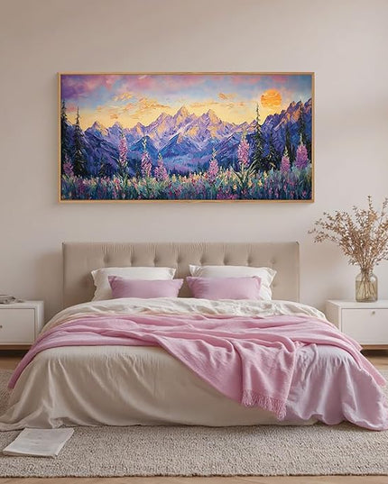 HOURIA Purple Sunset Mountain Landscape Framed Canvas Wall Art Set,Nature Pine Tree Wildflowers Wall Decor,Golden Sunlight Wall Painting,Modern Field Art Prints for Living Room, Bedroom-20 x40 x1