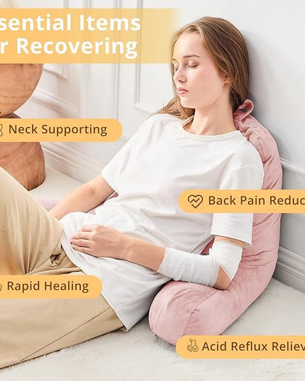 Sasttie Reading Pillow, Velvet Back Pillow for Bed Sitting Up, Adult Back-Rest Support Cushion with Arms for Sit Up on Couch, Sofa, and Floor, Dorm Essentials, Reading Accessories, Pink