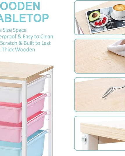 Utility Cart with 5 Drawers,Storage Drawer Cart with Wooden Tabletop and Lockable Wheels,Craft Storage Trolley Cart,5-Tier Rolling Utility Cart on Wheels,Rainbow