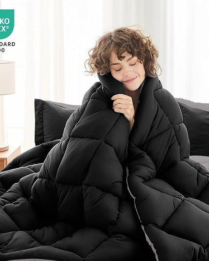 MUXHOMO 5 Pieces Twin Comforter Set, Reversible Bed in a Bag Twin Size, All Season Bedding Set with Comforter, Flat Sheet, Fitted Sheet, Pillowcases & Shams, Black & Soot