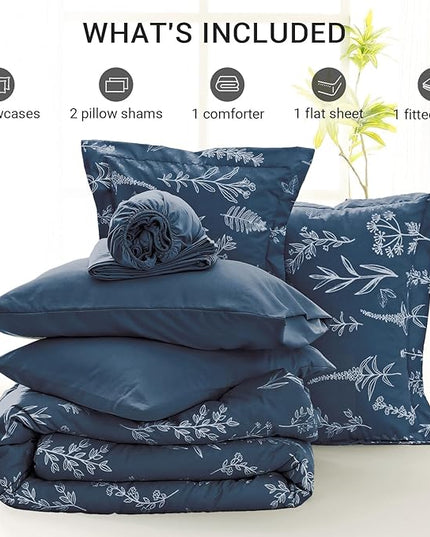 MUXHOMO Navy Blue Full Comforter Set, Elegant Floral Print Bed in a Bag 7 Pieces, Ultra Soft & Breathable Reversible Botanical Pattern Bedding Set with Comforter, Sheets, Pillowcases, and Shams