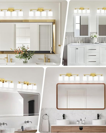 4 Light Gold Light Fixture Bathroom, Brushed Gold Vanity Light with Milky White Frosted Glass Shades, Lights for Bathroom Mirror for Living Room Bedroom Hallway E26 Base