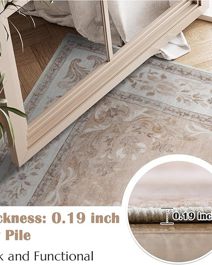 jinchan Vintage Floral 3x5 Area Rugs for Entryway - Machine Washable Distressed Design Ultra-Thin Low-Pile Soft Non-Shedding Carpet for Kitchen Bedroom Entrance Laundry Living Room (3x5ft, Coral Pink)