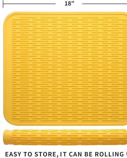 Silicone Dish Drying Mat for Multiple Usage,Easy clean,Eco-friendly,Heat-resistant Silicone Mat for Kitchen Counter or Sink,Refrigerator or Drawer Liner Yellow XL 18 inches x 16 inches