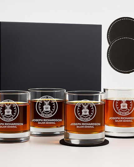 Personalized Military Sets - Custom Engraved Decanter & 4 Scotch Glasses - Army, Navy, Air Force, Coast Guard - Active Duty & Veterans (Scotch Glass Set)
