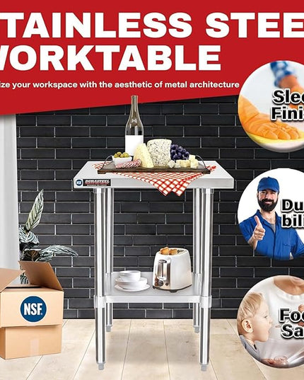 DuraSteel 24x24 Stainless Steel Work Table - NSF Commercial Prep Metal Table - Outdoor Pizza Oven Stand w/Under Shelf - Kitchen Island Laundry Utility Garage Microwave Stand Large Rolling Storage Cart